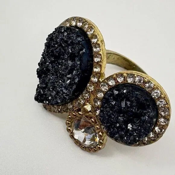 Park Lane Aspen Statement Ring Hematite Gray Druzy Crystal Gold Size 7 - Picture 4 of 6